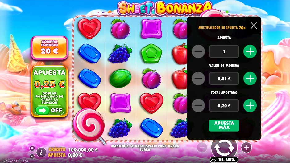 Menú de apuesta de Sweet Bonanza