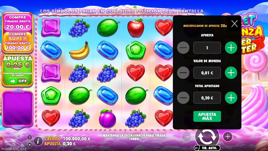 Menú de apuesta de Sweet Bonanza Super Scatter