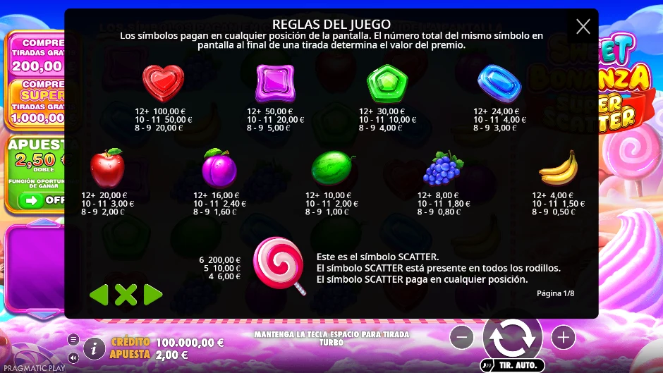 Tabla de pagos de Sweet Bonanza Super Scatter
