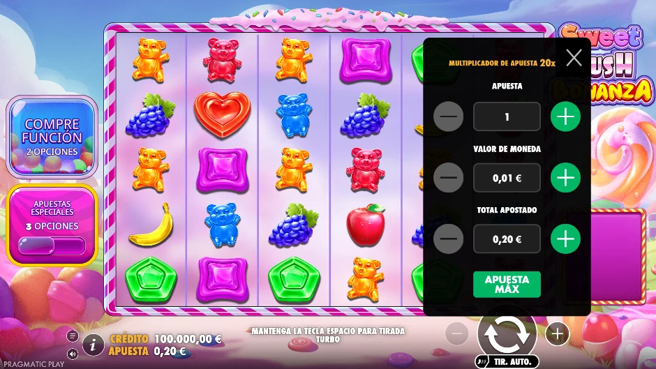 Menú de apuesta de Sweet Rush Bonanza